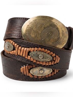 Chico's Dark Brown Leather Belt with Tan Braided Detail and Brass Buckle